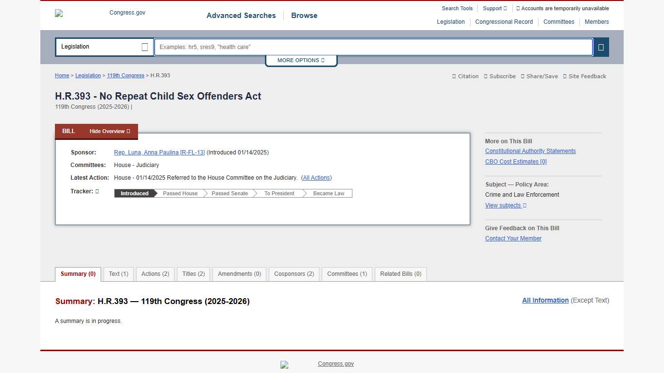 H.R.393 - 119th Congress (2025-2026): No Repeat Child Sex Offenders Act Congress.gov Library of Congress