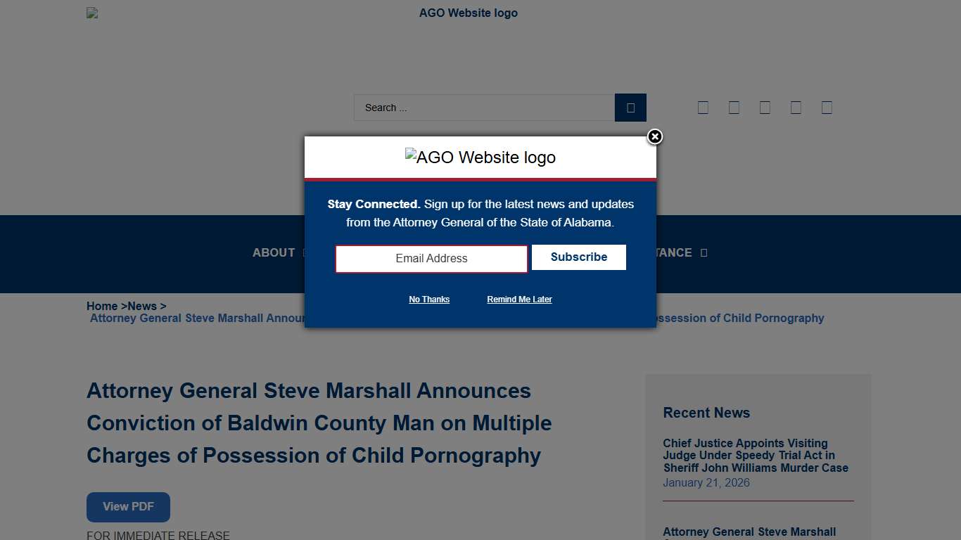 Attorney General Steve Marshall Announces Conviction of Baldwin County Man on Multiple Charges of Possession of Child Pornography - Alabama Attorney General's Office